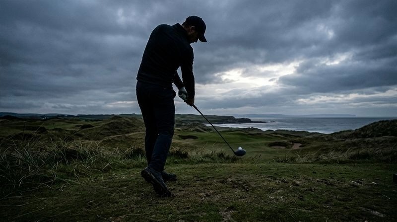 Golfer delivering clubhead into the golf ball on coastal links tee against dramatic skies