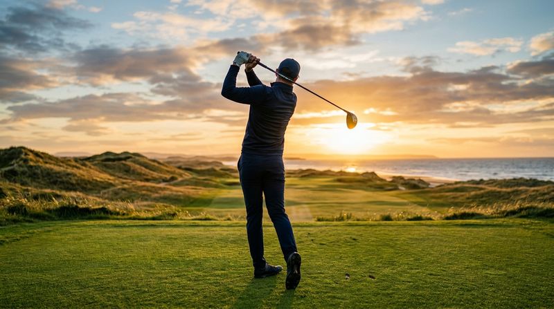 Golfer completing a powerful drive at sunset overlooking a links course