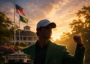 A golfer wearing a green jacket and white cap, holding a silver trophy in front of a white clubhouse at sunset. An American flag and a green Masters-style flag fly in the background.